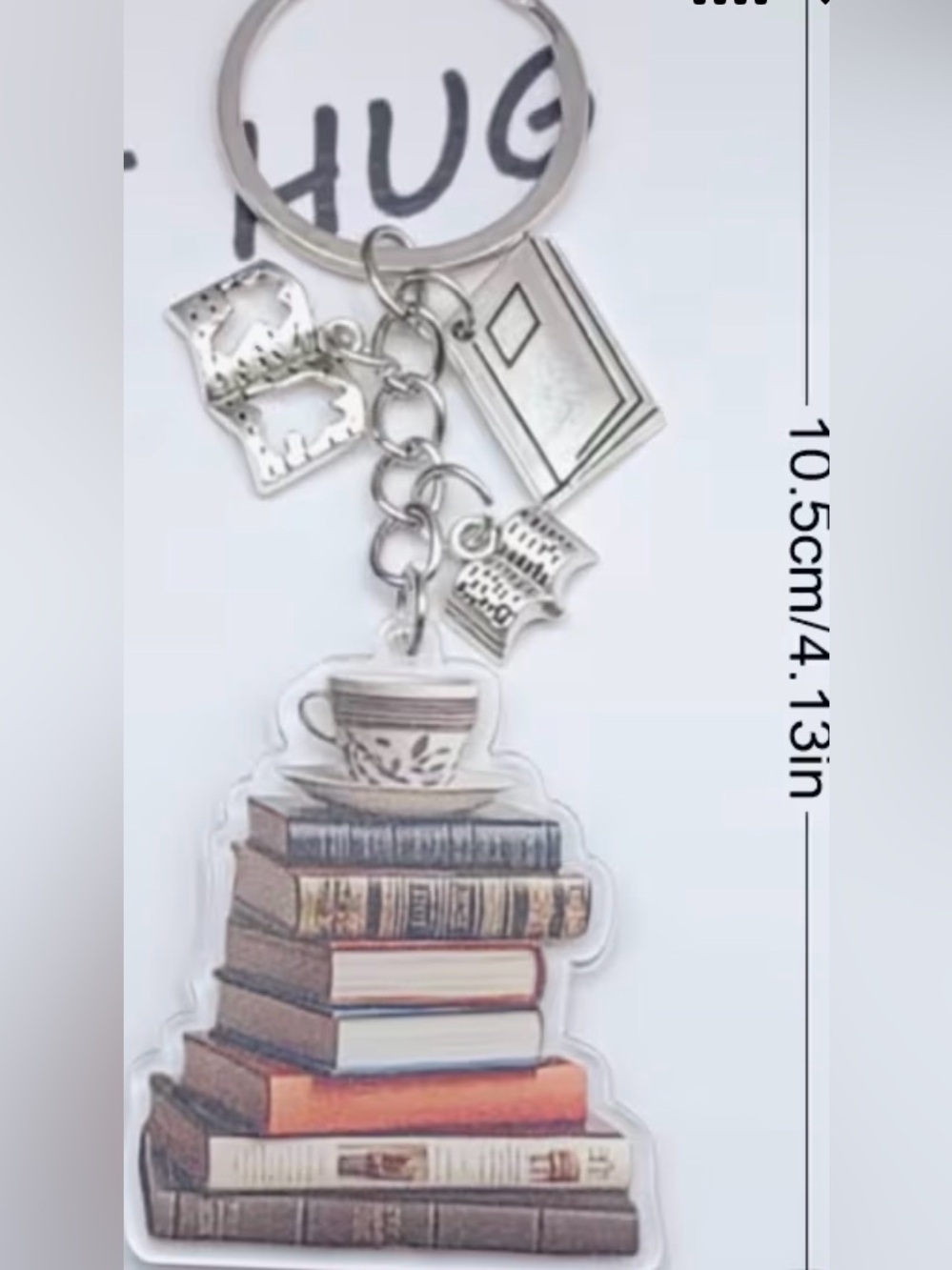 Book Stack Keychain with Teacup Charm‎ - Silver Hardware - Picture 2 of 2
